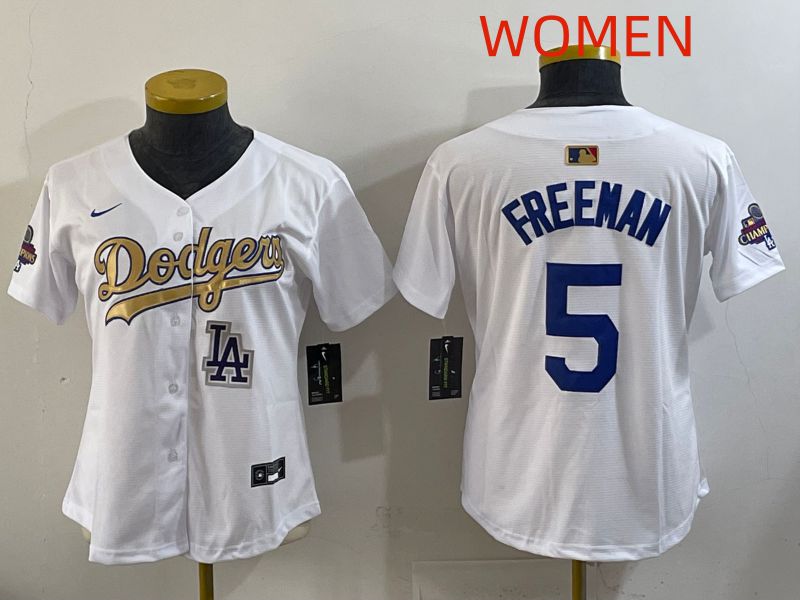 Women Los Angeles Dodgers #5 Freeman White Champion edition Nike MLB Jersey style 006->women mlb jersey->Women Jersey